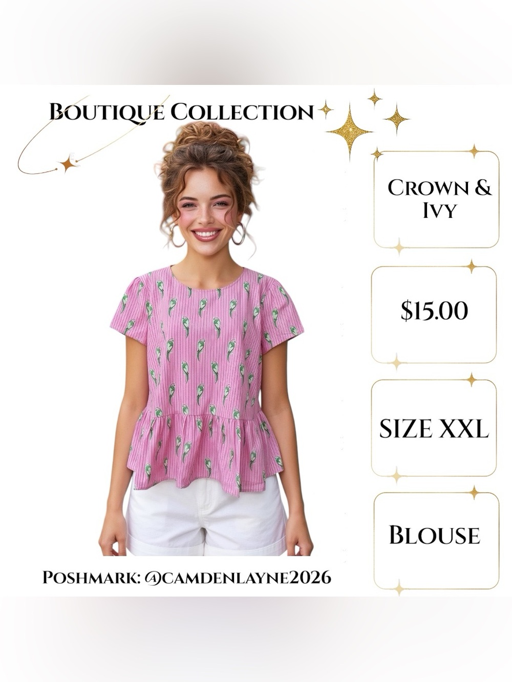 crown & ivy Pink Short Sleeve Peplum Top with Parrot Print. Tie back. - Picture 2 of 8